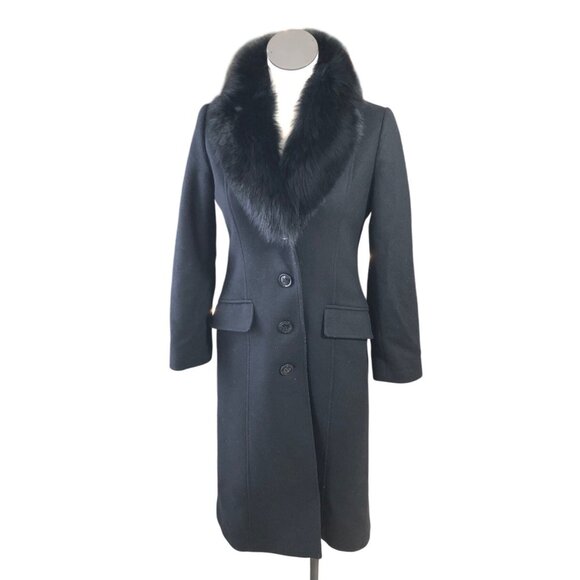 SACHI Jackets & Blazers - Sachi Coat Long Black Wool Cashmere Womens 2P Fox Fur Button Elegant Seams